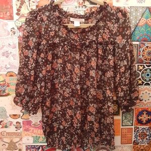 VTG Y2K Charlotte Russe M Black Red Floral Boho Peasant Sheer Ruffle Smocked Top